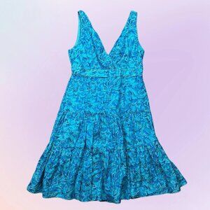 Ralph Lauren Teal Blue Floral Cotton Silk Tiered Summer Preppy Dress Size 8